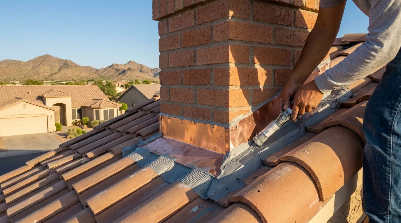 Chimney flashing being sealed where the stack meets a Chandler roof
