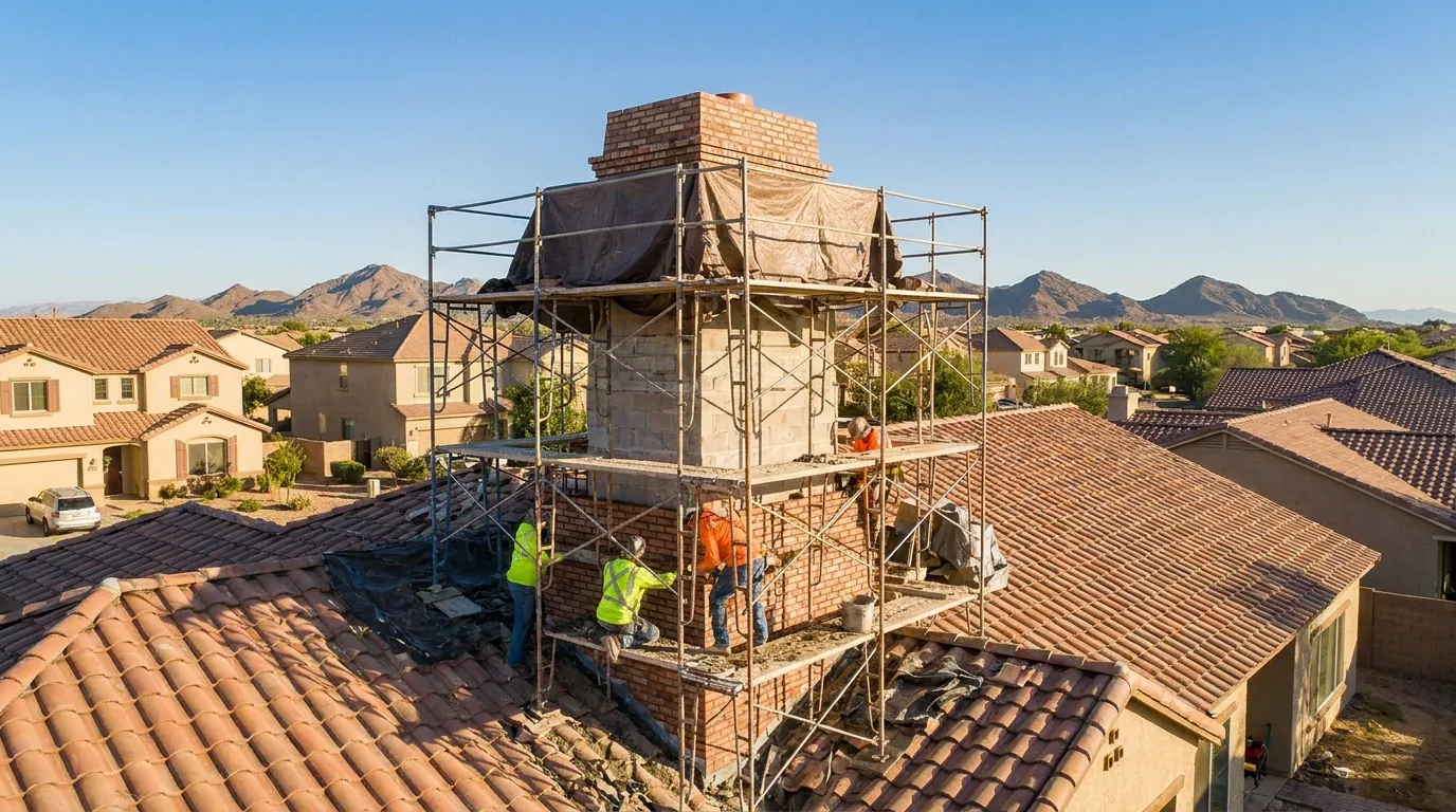Masonry chimney stack being rebuilt above a Chandler rooftop