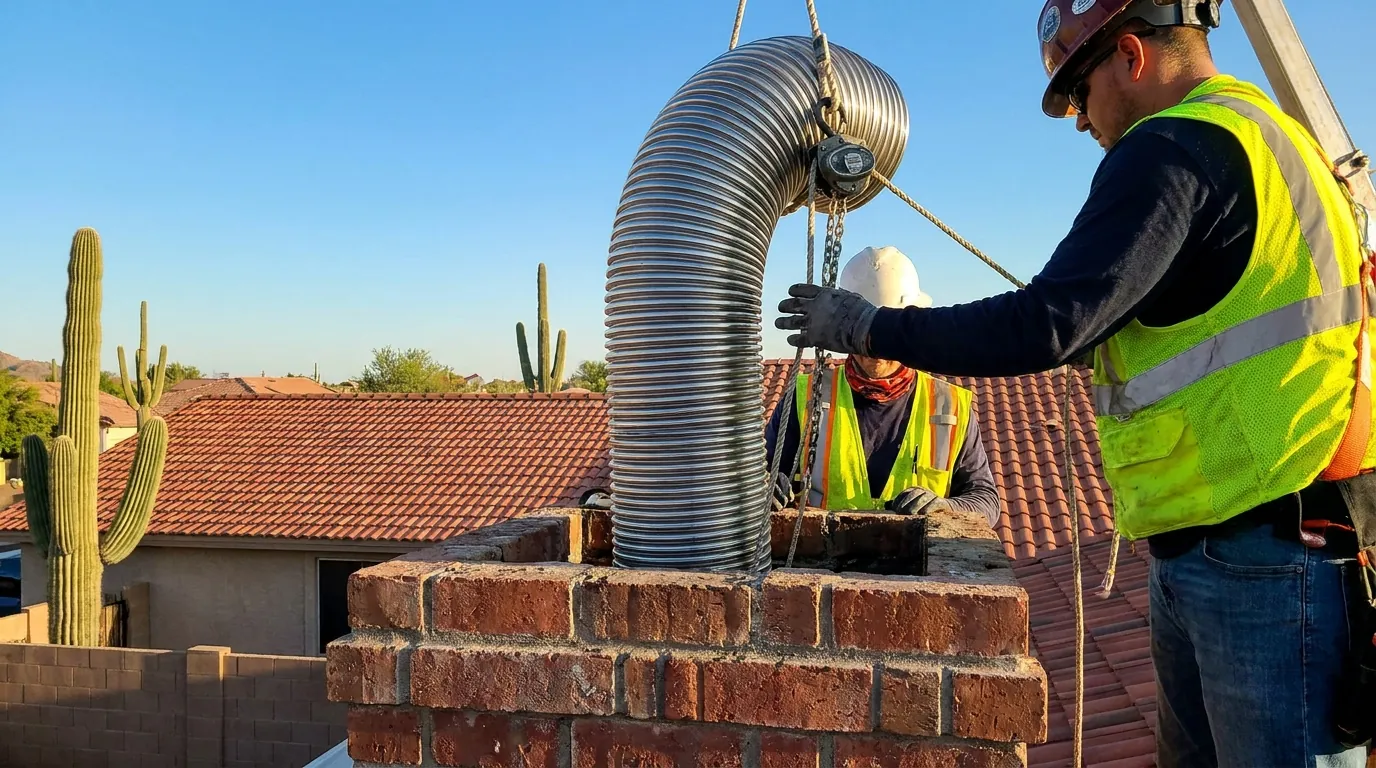 Stainless steel flue liner being lowered into a masonry chimney
