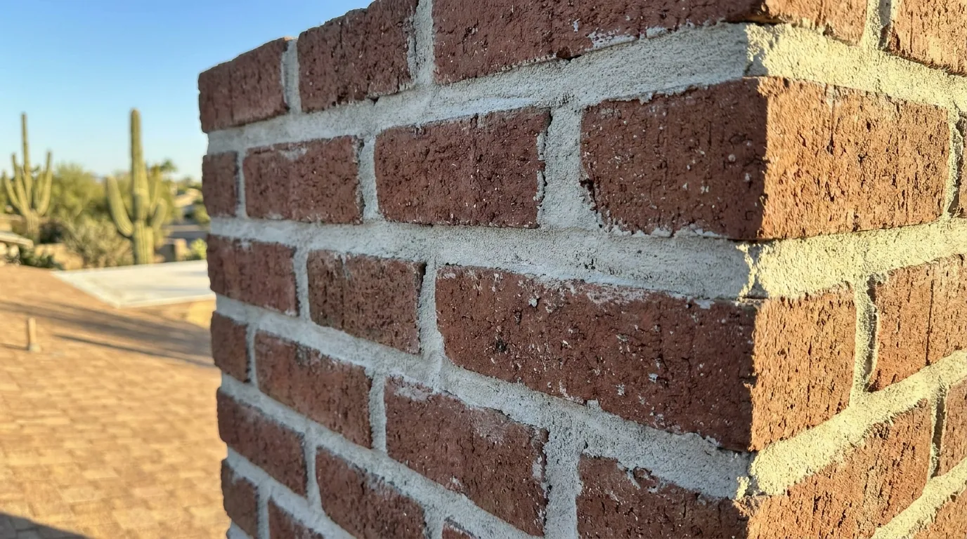 Close-up of raked and repacked mortar joints on a brick chimney
